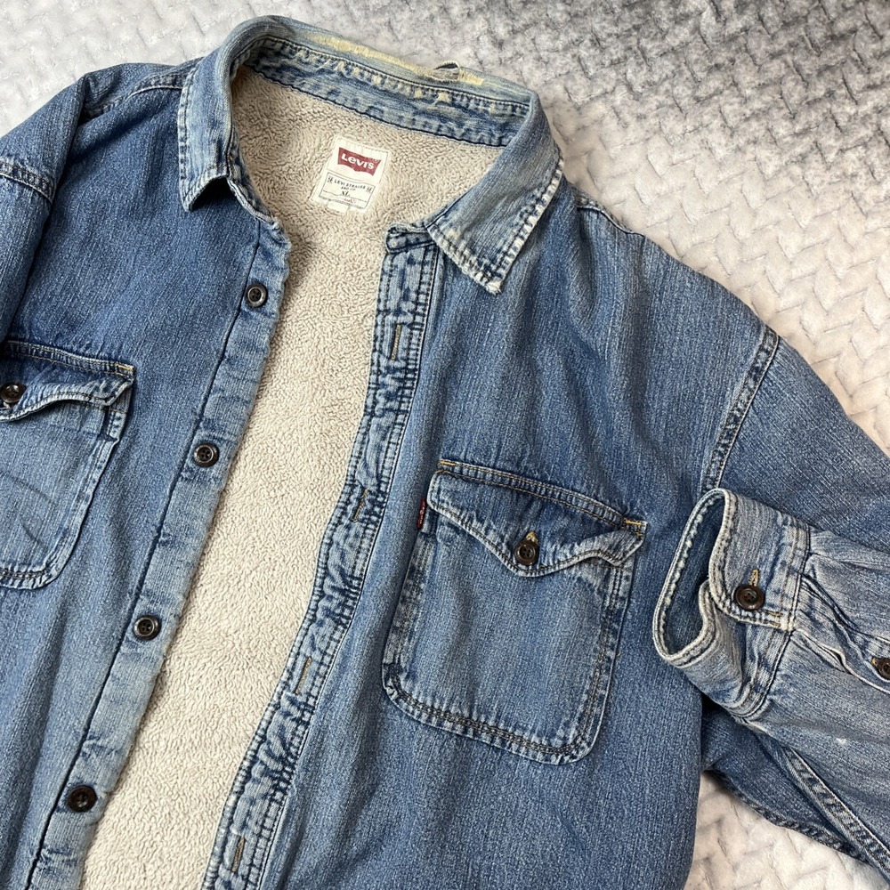 Levi's Y2K Denim Shirt Jacket Mens XL Sherpa Fleece Lined Shacket Distressed